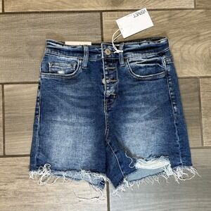 Vervet Rebecca High-Rise Denim Shorts Frayed Hem Button Fly Dark Wash XS